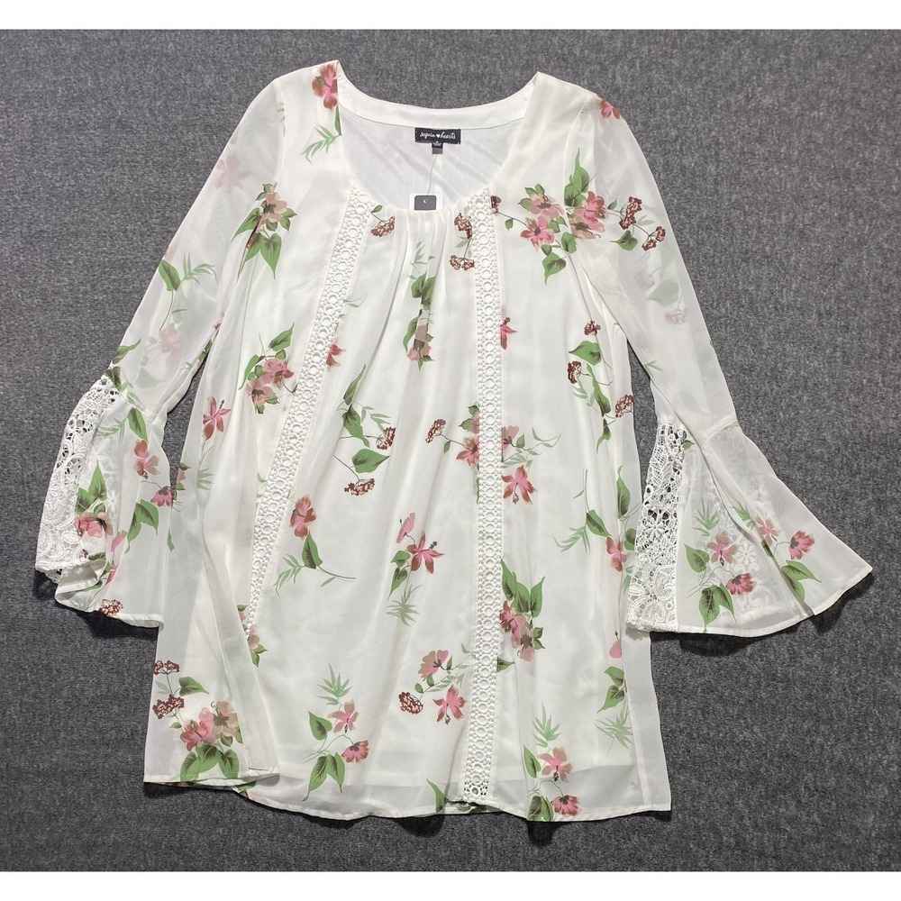 Sequin Hearts Floral Bell Sleeve Dress White Crochet Lace Mesh 8746CQ1D Size S